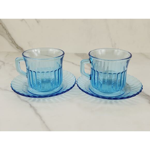 Fortecrisa Azure Ice Blue Glass Tea Cup Saucer 70's Interior Ribbed 3" Mexico x4 - Picture 5 of 13